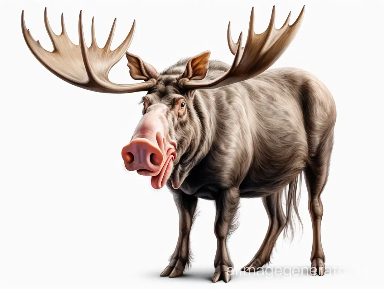 crossbreed between moose with horns and pig, white background