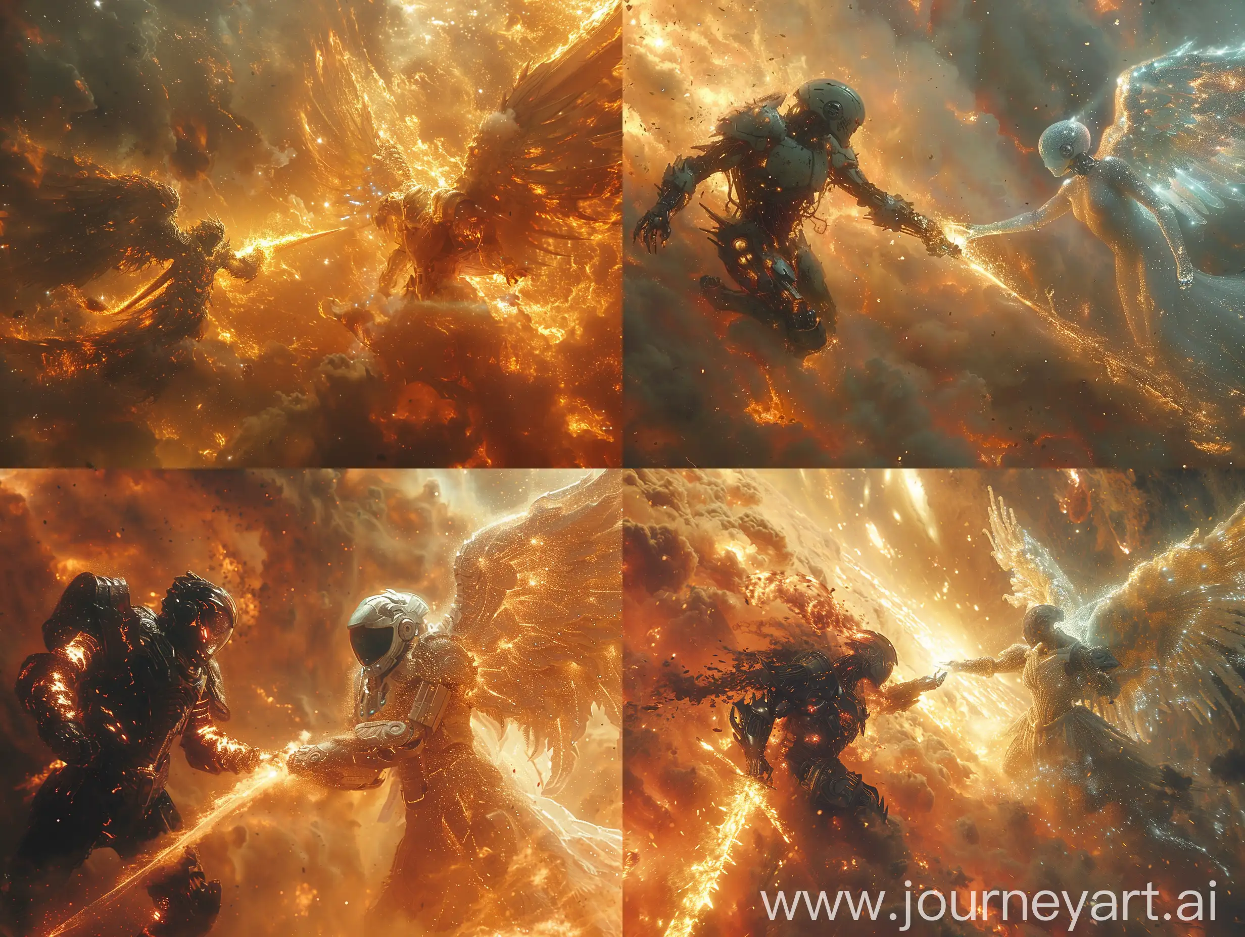 In a cosmic arena, a robotic embodiment of hell engages in a fierce battle with a celestial guardian, portraying the eternal struggle between darkness and light. The hellish robot exudes an ominous aura, adorned with molten-metal armor and armed with serrated blades and infernal cannons. In stark contrast, the heavenly robot radiates divine energy, clad in celestial armor crafted from stardust, wings aglow with ethereal light, and wielding a cosmic sword. The celestial battleground is set against a backdrop of swirling nebulae and cosmic debris ‐‐q 5 --stylize 1000 