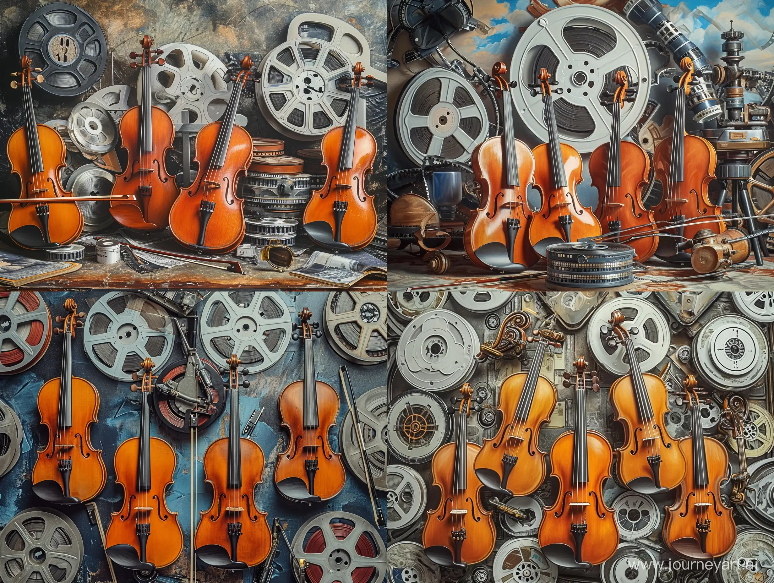 скрипки и альты в окружении кинопленки, режиссерской хлопушки, пленки в катушках, картина маслом эпоха возрождения