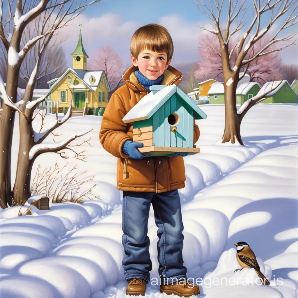 1 boy holding 1 birdhouse, spring, snow melting