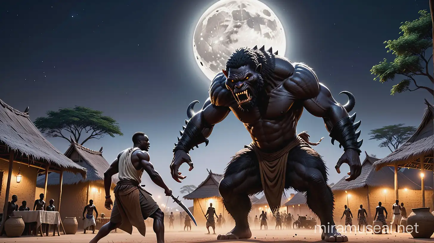 Illustration prompt: [An African man in fierce combat with an evil black monster in an african village square at night. The moon is up in the sky] Unreal Engine, hyper real