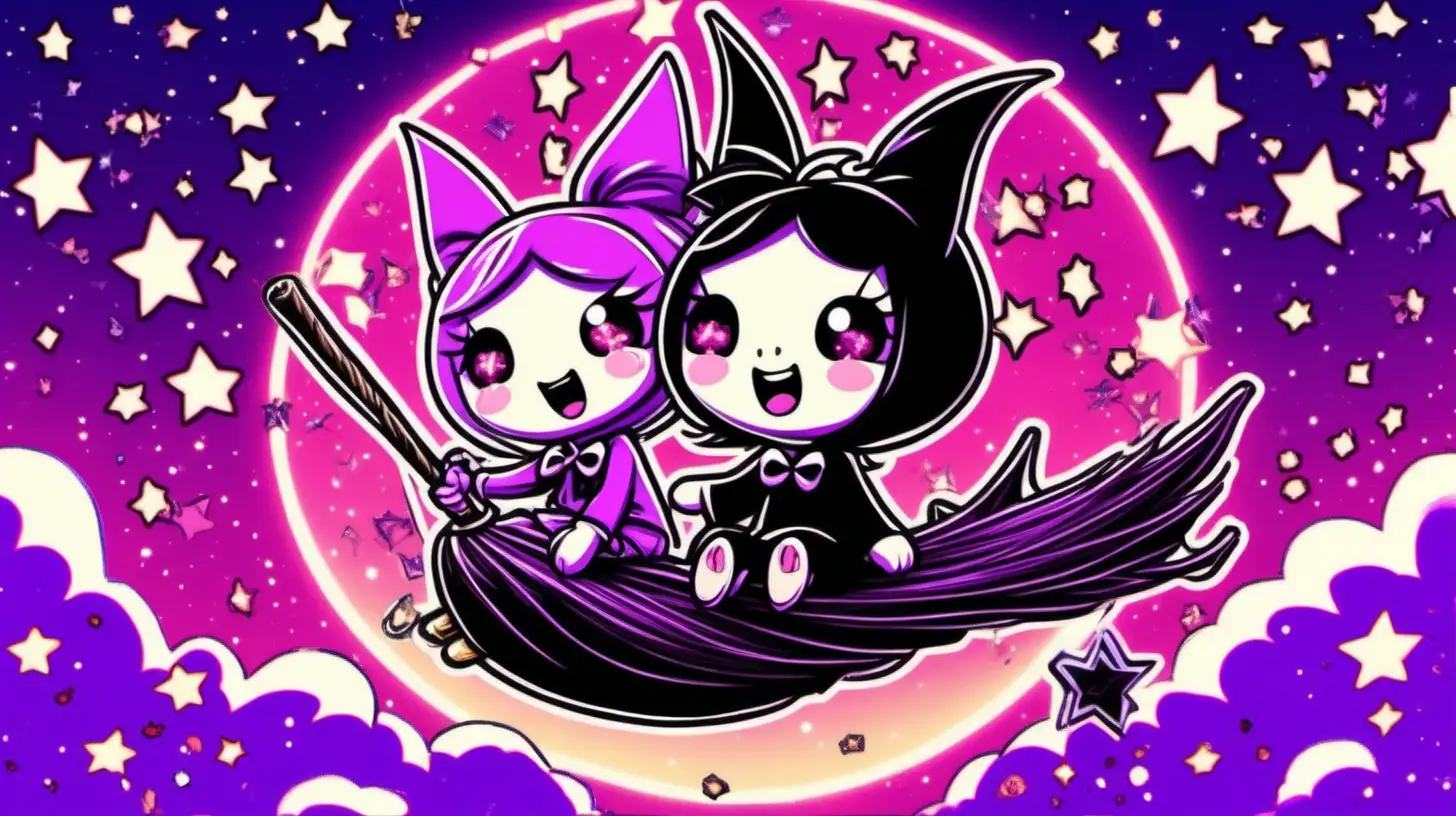 kuromi and melody sitting on a broomstick with a pink and purple background surrounded by little stars and little bats in neon colors