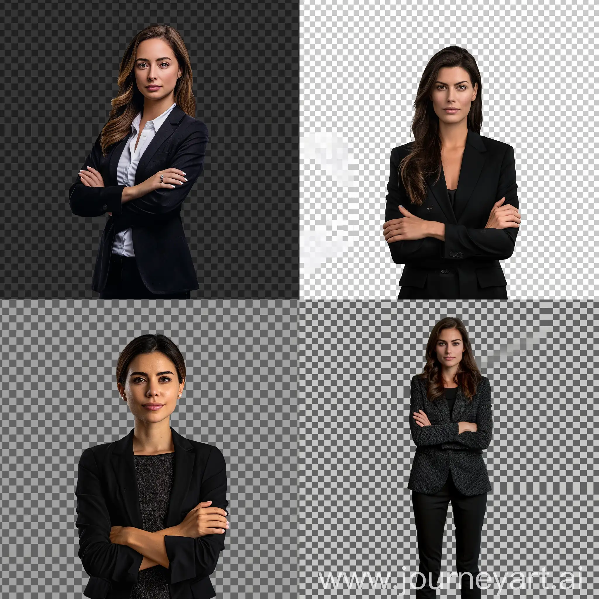 Create a portrait of a woman news presenter realistic without background png (or dark), real person, full body standing in the middle of the image, normal expression with fingers crossed on front, use a front-facing photo with clear lighting (no shadows).
