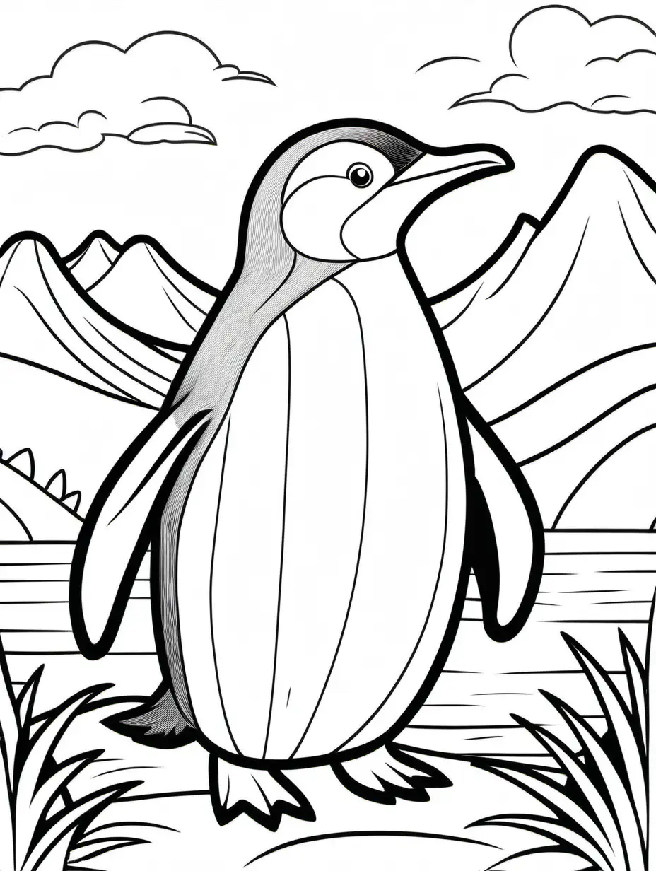 Cartoon Penguin Drawing in Natural Habitat Black and White Coloring Book Illustration