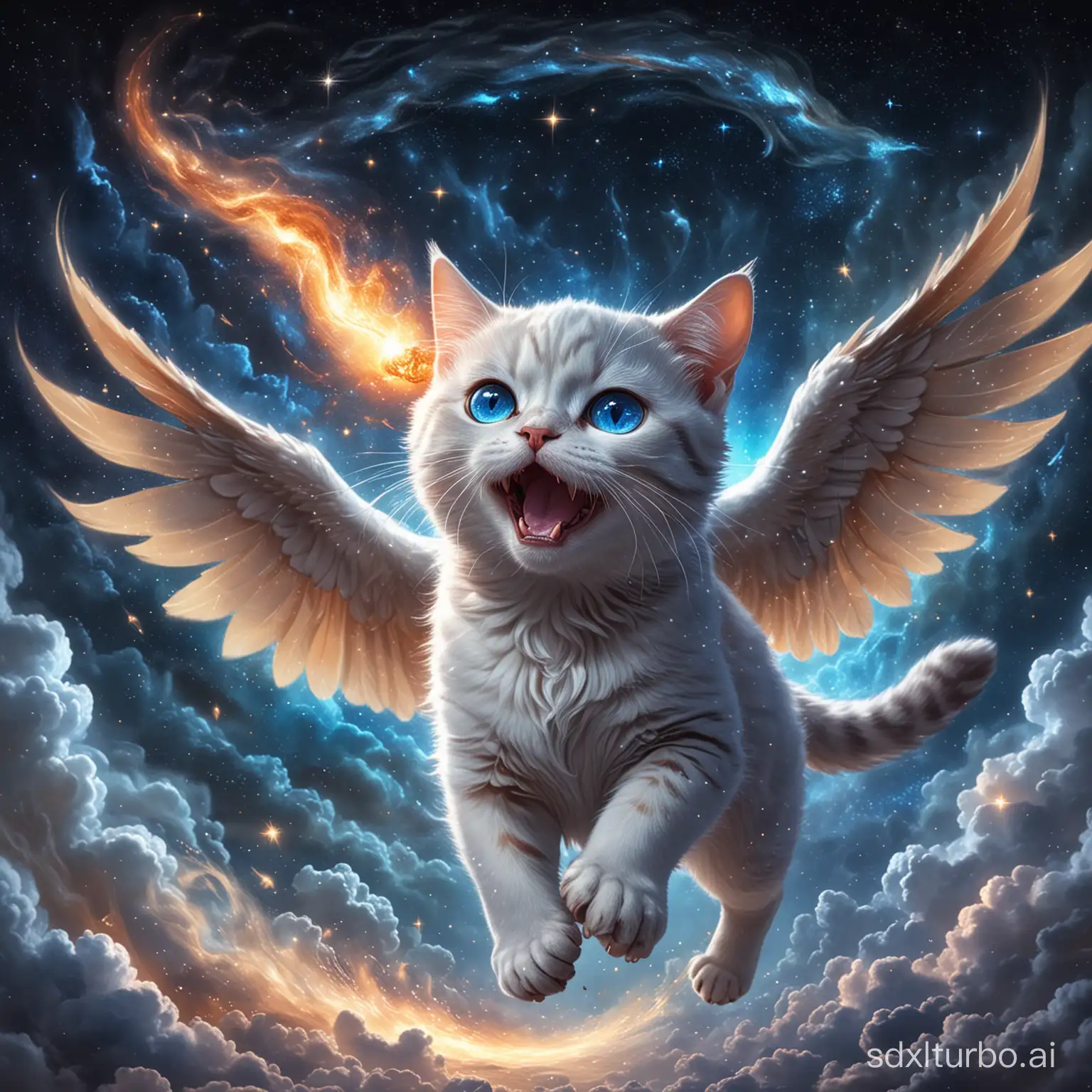 一只猫长着一翅膀，它在星空中奔跑，头顶还长着一只独角，眼睛深蓝色，嘴里喷着火，浑身像水晶一样透明，