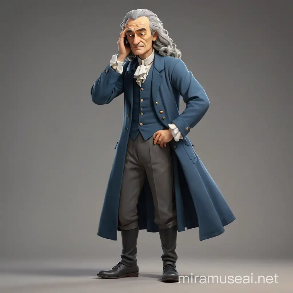 Philosopher Voltaire depressed and sad, stands with his head and shoulders down. He is upset about something. We see him full-length, with arms and legs. In the style of 3d animation, realism.