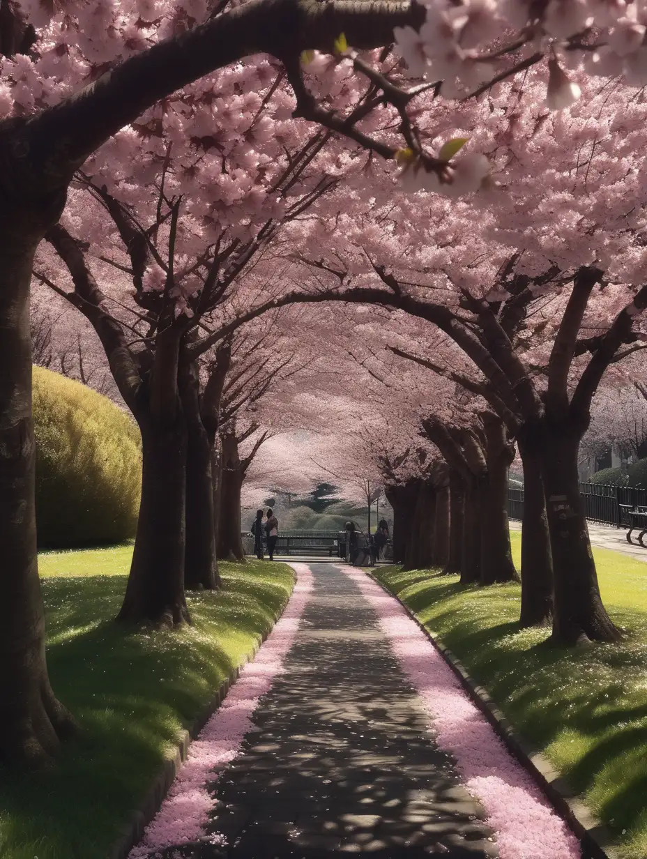 grunge bohemian aesthetic, afternoon shade, cherry blossom tree park,  pretty, rich dark gleaming colors, enosis, spring