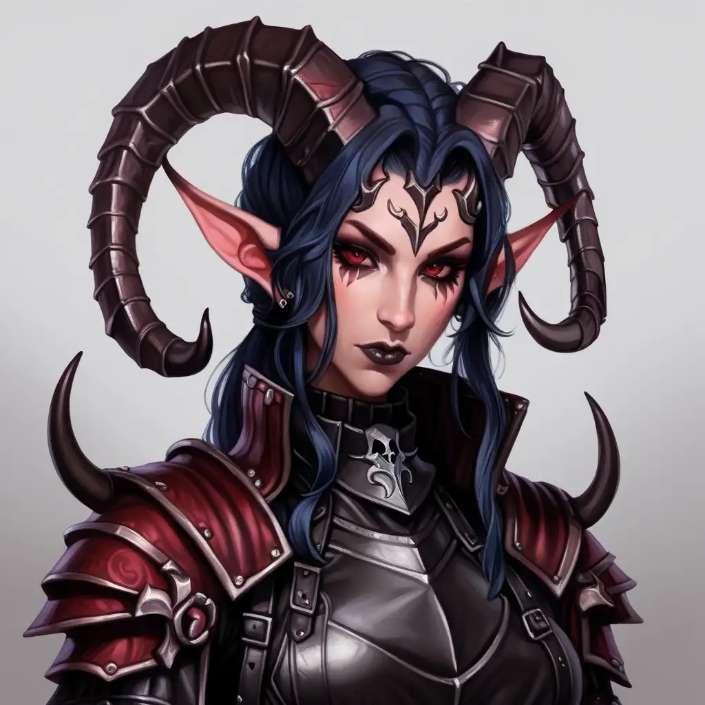 gothic female, tiefling rogue, leather armor, character artwork, portrait, anime style, horns on her head
