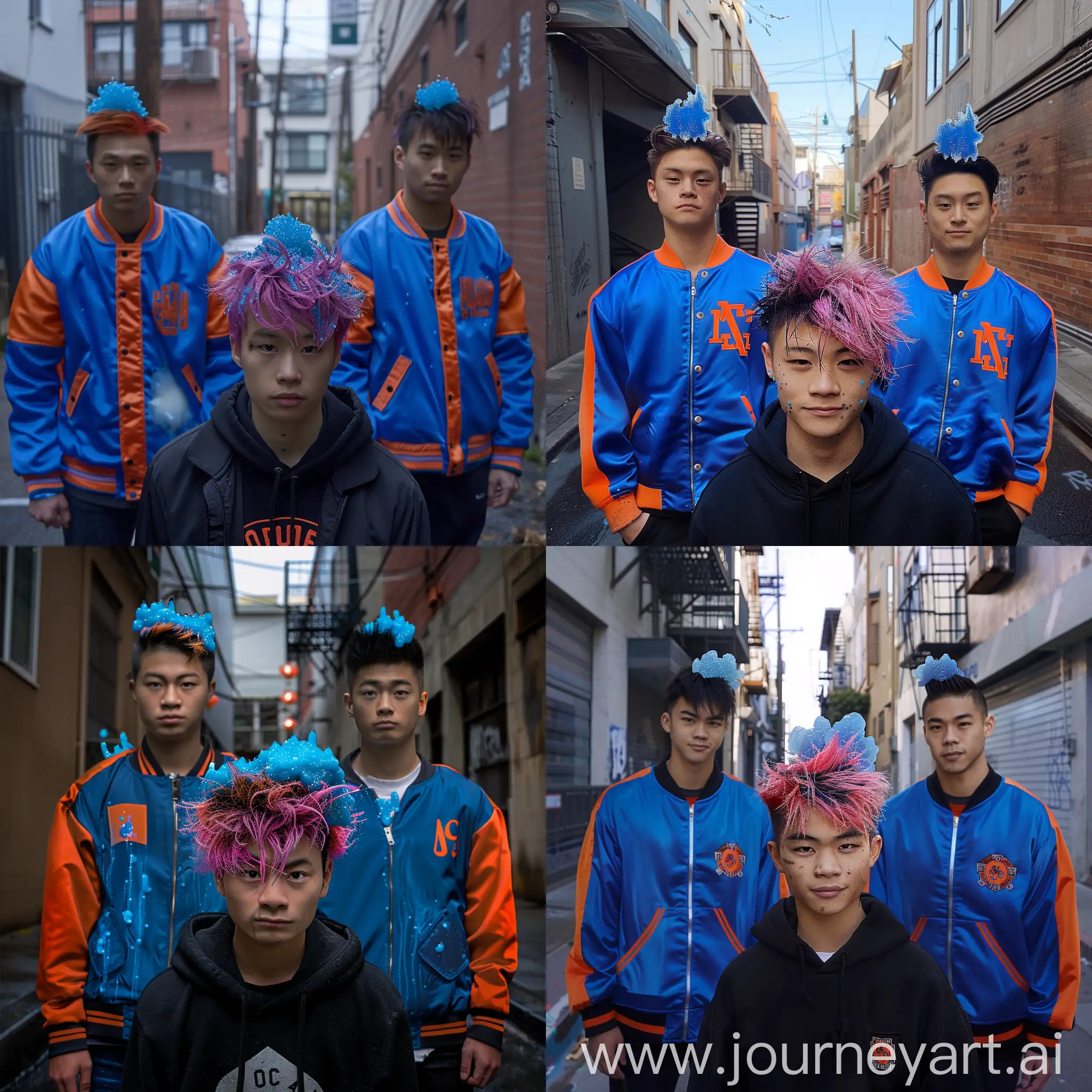 In front a short gothic young scrawny asian boy with messy pink dyed hair wearing a black hoddie, at an alley, with two handsome tall fit asian jocks wearing blue Letterman jackets with orange sleeves and with small tiny blue transparent gelatinous slime on top of jocks heads, two fit good looking jocks, alley background