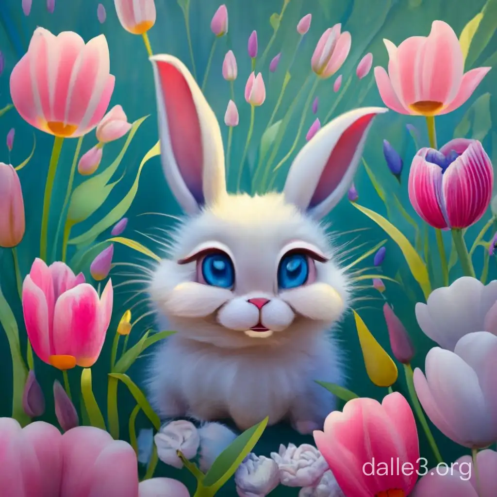 A character description: An anthropomorphic bunny with large, expressive blue eyes and a tiny pink nose. Its fur is soft and primarily a gradient of white and light grey, with hints of pale blue shading. The bunny has long, upright ears with a hint of pink on the insides, a fluffy tail, and it stands on its hind legs in a gentle, welcoming pose. Setting description: The bunny is surrounded by a vibrant garden, with various flowers like pink tulips, white daisies, and small lavender petals, all under a soft, glowing light that suggests early morning or late afternoon. The atmosphere is magical and serene, with a dreamy, soft-focused background in hues of blue and green, giving a sense of depth and peace. Pose variations: For different poses, the bunny could be depicted sitting with a curious tilt of the head, hopping joyfully, or lying down with a relaxed demeanor. In each pose, maintain the character's gentle expression and soft fur texture. Setting variations: Alternate settings could include the bunny in a meadow