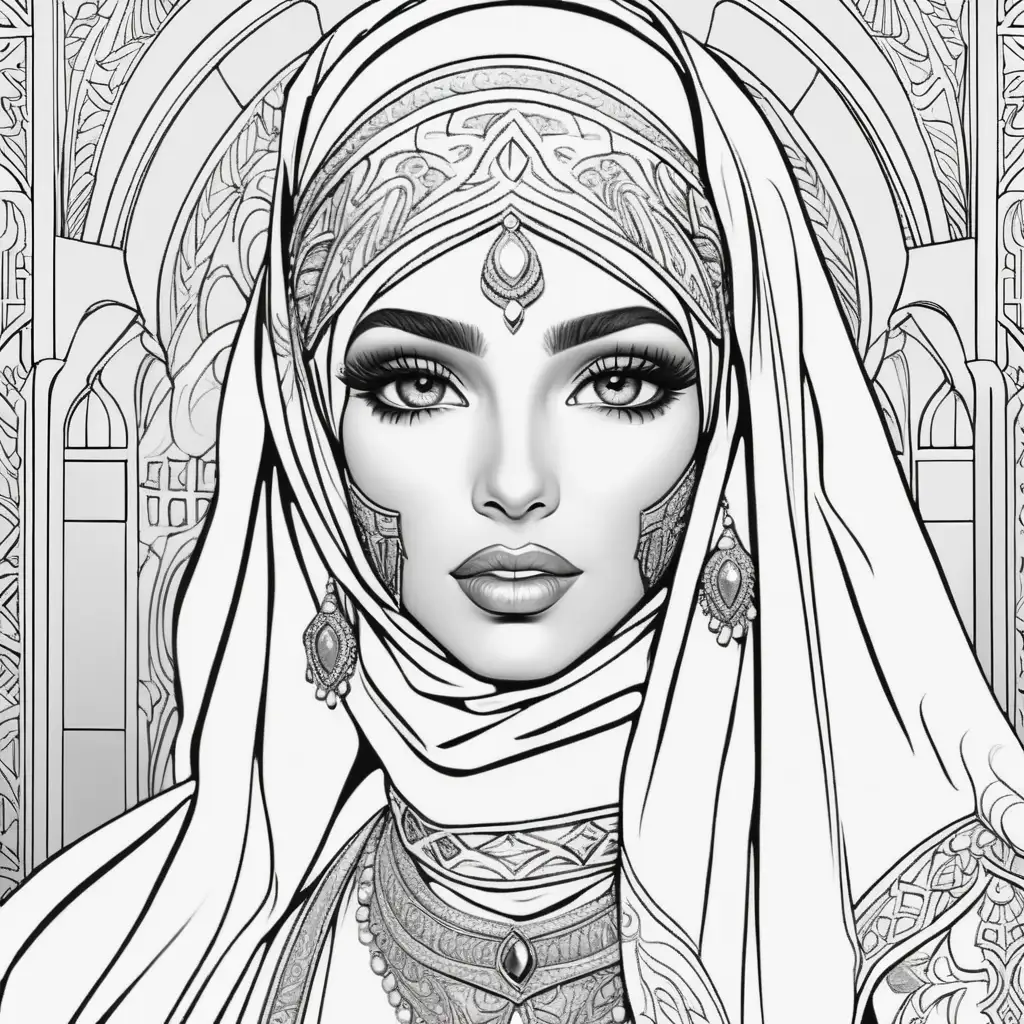 Coloring book image. Black and white. Outline only. Highly detailed. Clean and clear outlines that allow for easy coloring. Ensure the design provides ample space for creativity and coloring. High fashion high fantasy arabian woman dressed in a high fashion, intricately detailed hijab and veil in Middle East.