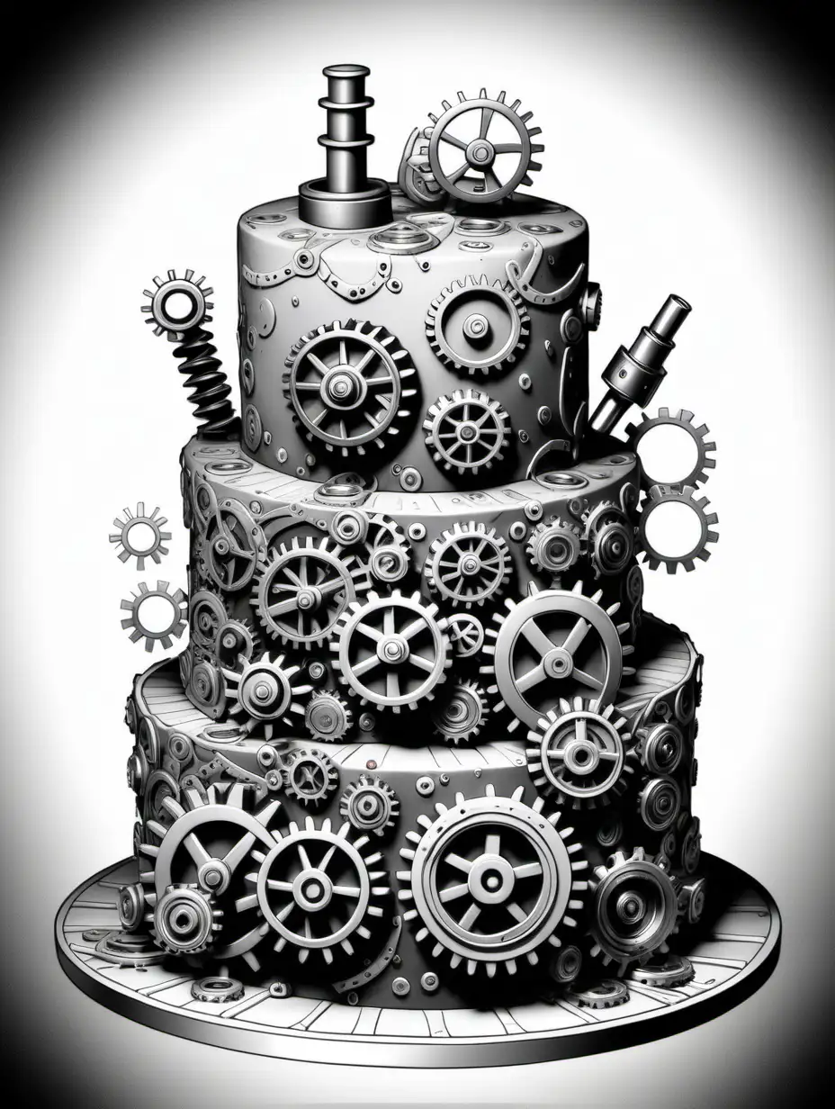 Combine gears, cogs create a cake with a steampunk aesthetic, black and white, light grey scale, no shading line art, colouring page