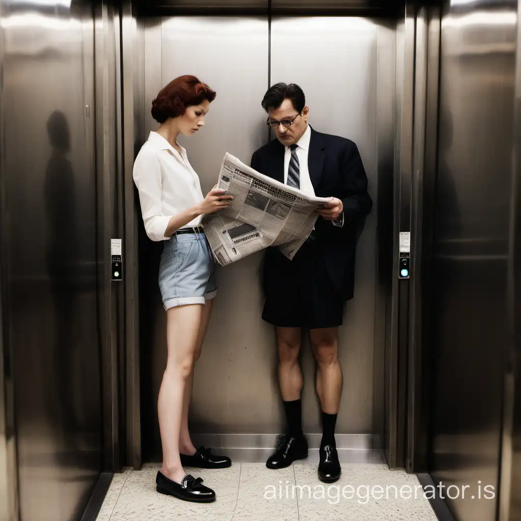 A man wearing shorts and black shoes reading the newspaper in an elevator next to women, viewed from outside the elevator, photograph,
