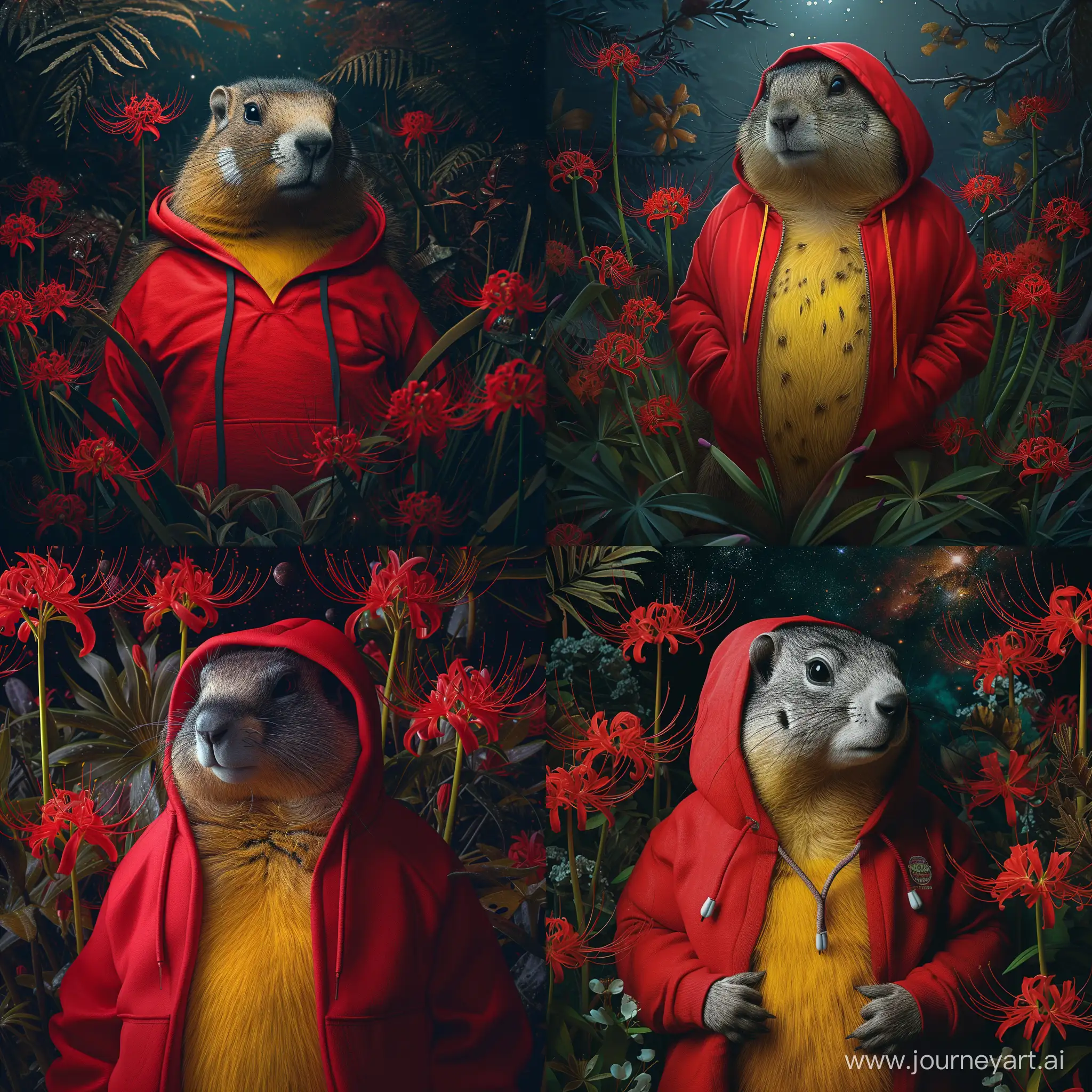 Cosmic-Night-Himalayan-Marmot-in-Red-Hoodie-amidst-Lycoris-Red-Spider-Lilies
