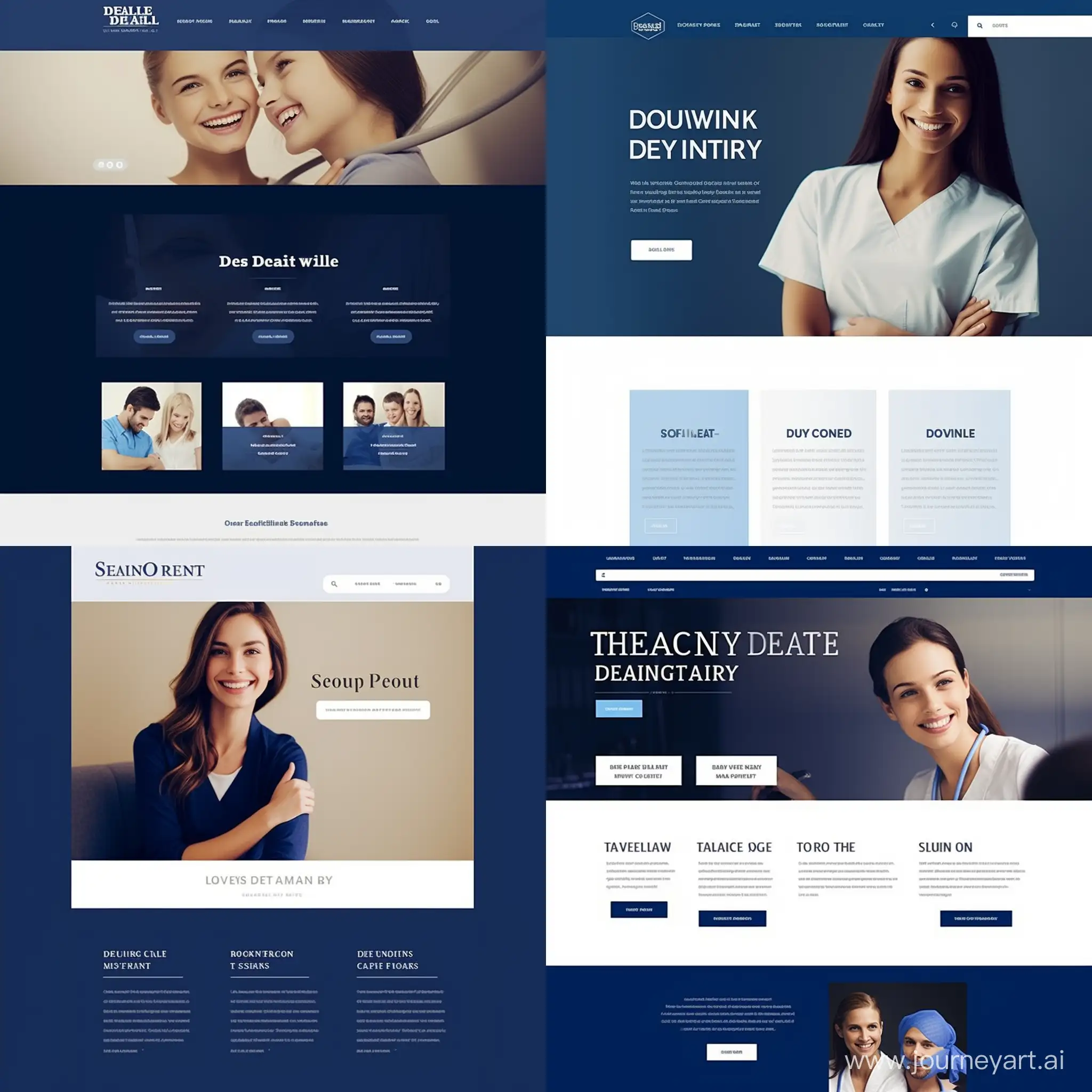 Design a sophisticated and professional web layout for a dental clinic. The primary color palette should consist of dark blue, black, and white. The homepage should feature a large, welcoming banner at the top with a dark blue background, showcasing a modern, clean dental clinic environment. Below the banner, arrange sections in a balanced layout for services offered, with high-quality images of dental equipment and staff in action, set against a black and white theme to create contrast. Include a navigation bar with a sleek design, using dark blue and white text for clear readability. Incorporate subtle graphical elements like tooth icons or dental instruments, stylized with the same color scheme. The footer should be elegant and simple, with contact information and social media links, set against a dark blue background. Overall, the design should convey a sense of cleanliness, trust, and professionalism, suitable for a high-end dental clinic.