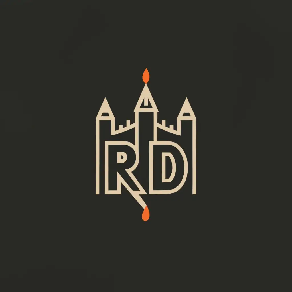 a logo design,with the text "RD", main symbol:Gloomy style, 2D format, castle walls with windows, where fire burns slightly on torches,Minimalistic,be used in Entertainment industry,clear background