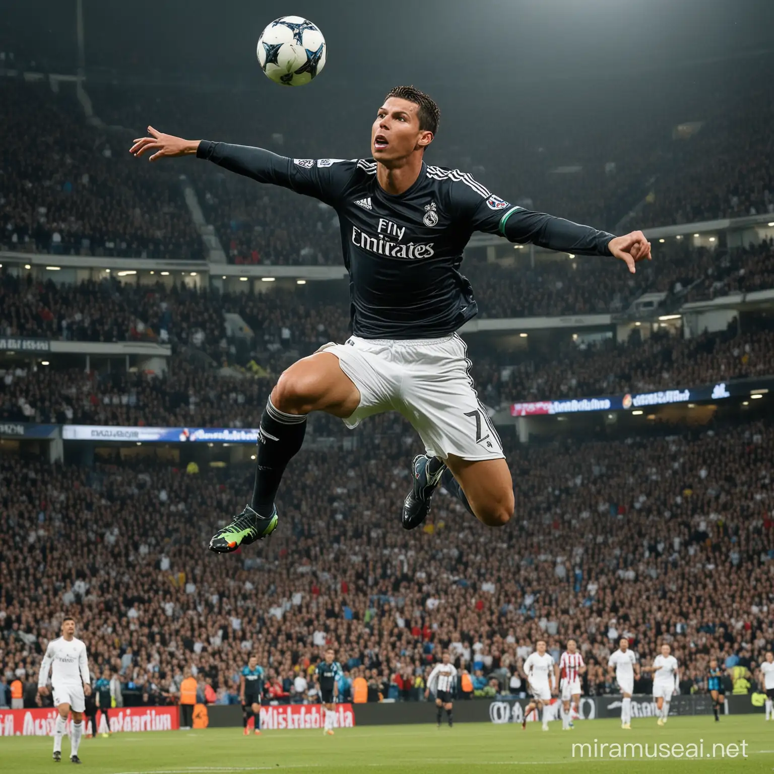 "Heading for glory! Pose mid-air as if you're going for a header, embodying Cristiano Ronaldo's aerial dominance."
with audience in ground