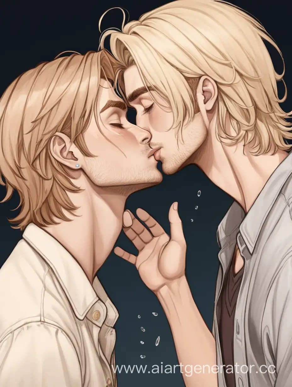 two guys are kissing, a blond man with long hair is above, tall, a brown-haired man with short hair is below, shorter, the brown-haired man has tears running down his cheeks, the blond man is holding his face with his hands, gentle, romantic, First kiss, side view