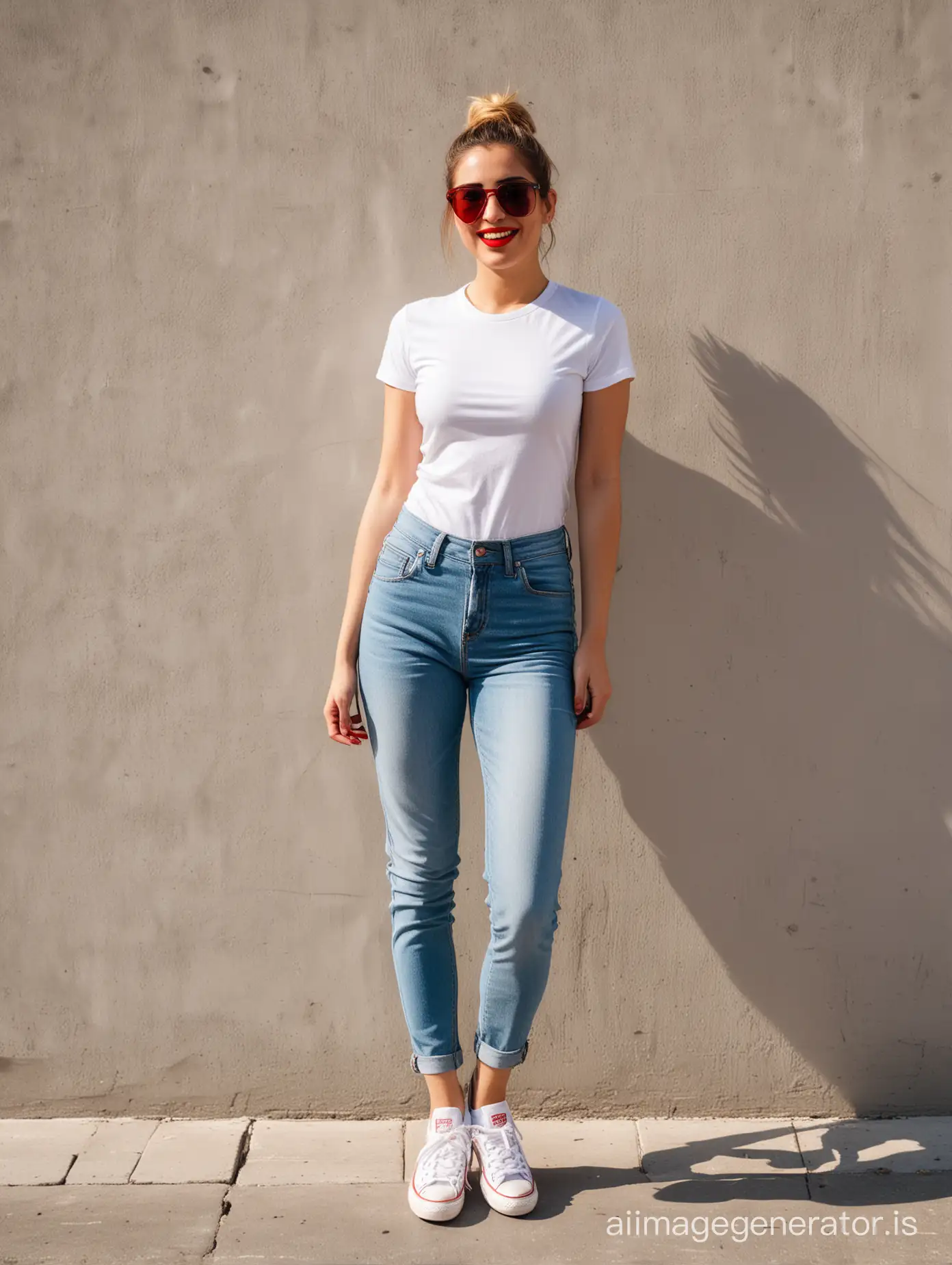 Iranian happy skinny woman 30 years old, white T-shirt, mom jeans, converse shoes, ponytail blonde hair, red lipsticks, red sunglasses, full-body shot, in front of a white street wall, dramatic lighting