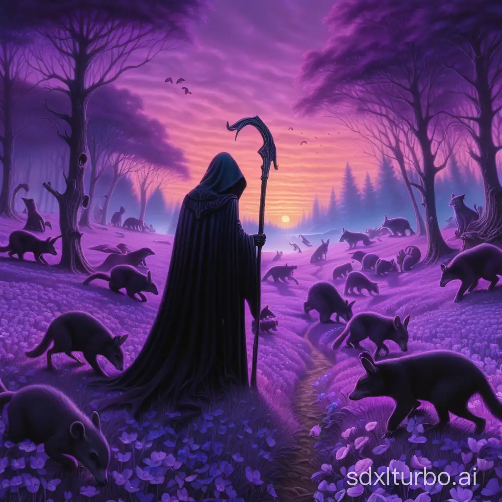 the grim reaper weeps as he guides a group of purple woodland animals towards purgatory, the ground is filled with a sea of purple flowers, a glowing sunrise is behind them, dark realistic aesthetic