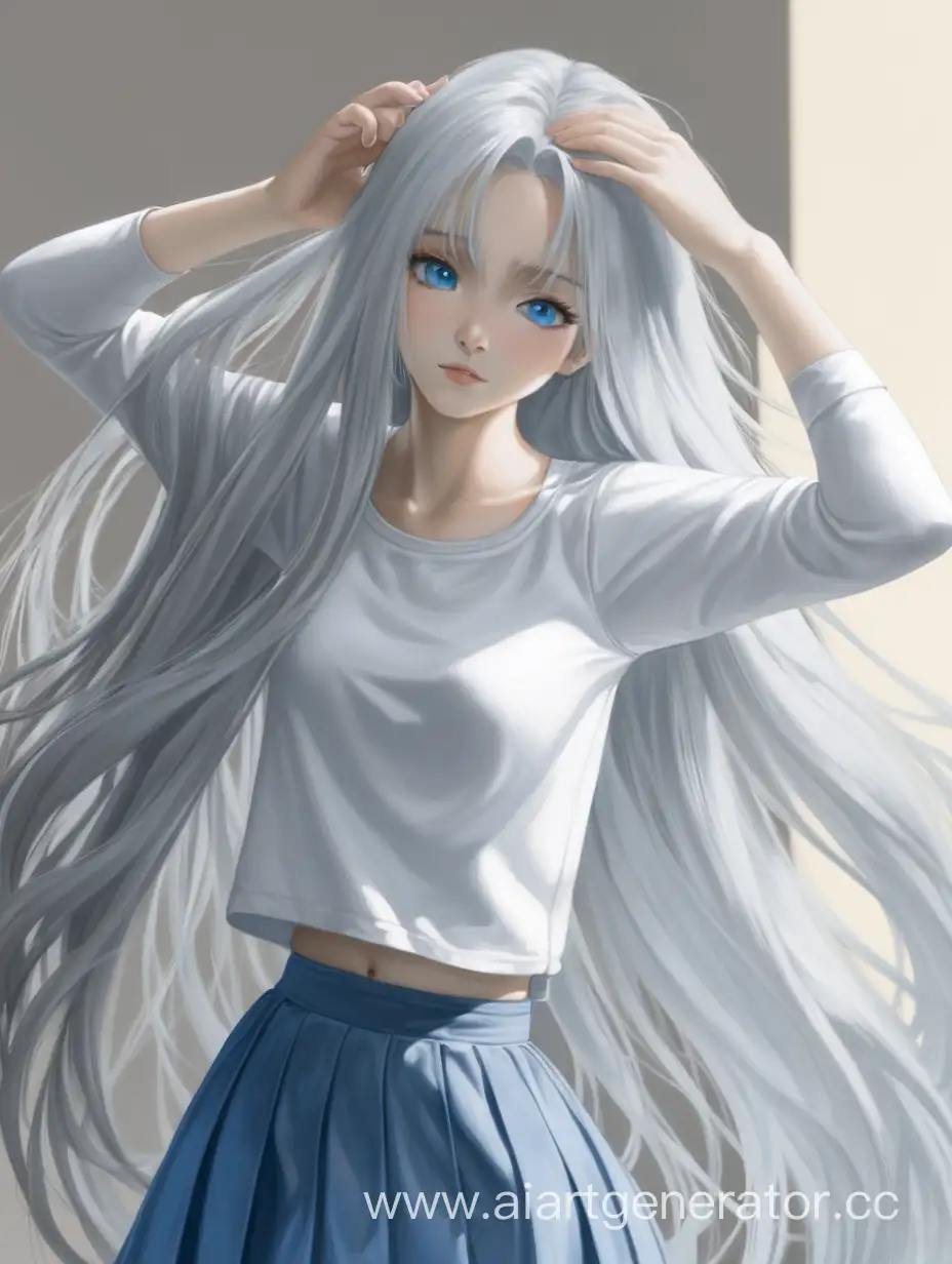  девушка, с белыми длинными волосами, голубые глаза, белый топ и серая юбка, поправляет рукой волосы, 