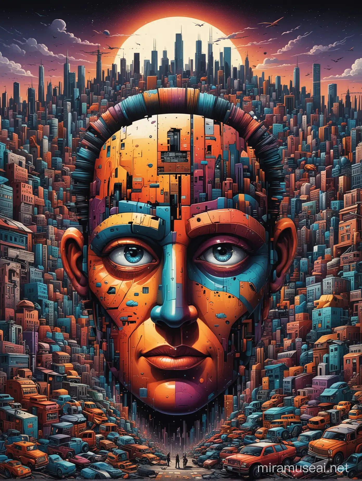 cartoon with a colorful face surrounded by a city, in the style of tim doyle, industrial forms, packed with hidden details, darkly detailed, solarizing master, agustín fernández, poster art --ar 36:55 --stylize 750