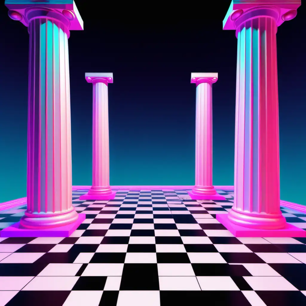 chessboard dancefloor. a pair of plain ionic columns. roofless. vaporwave
