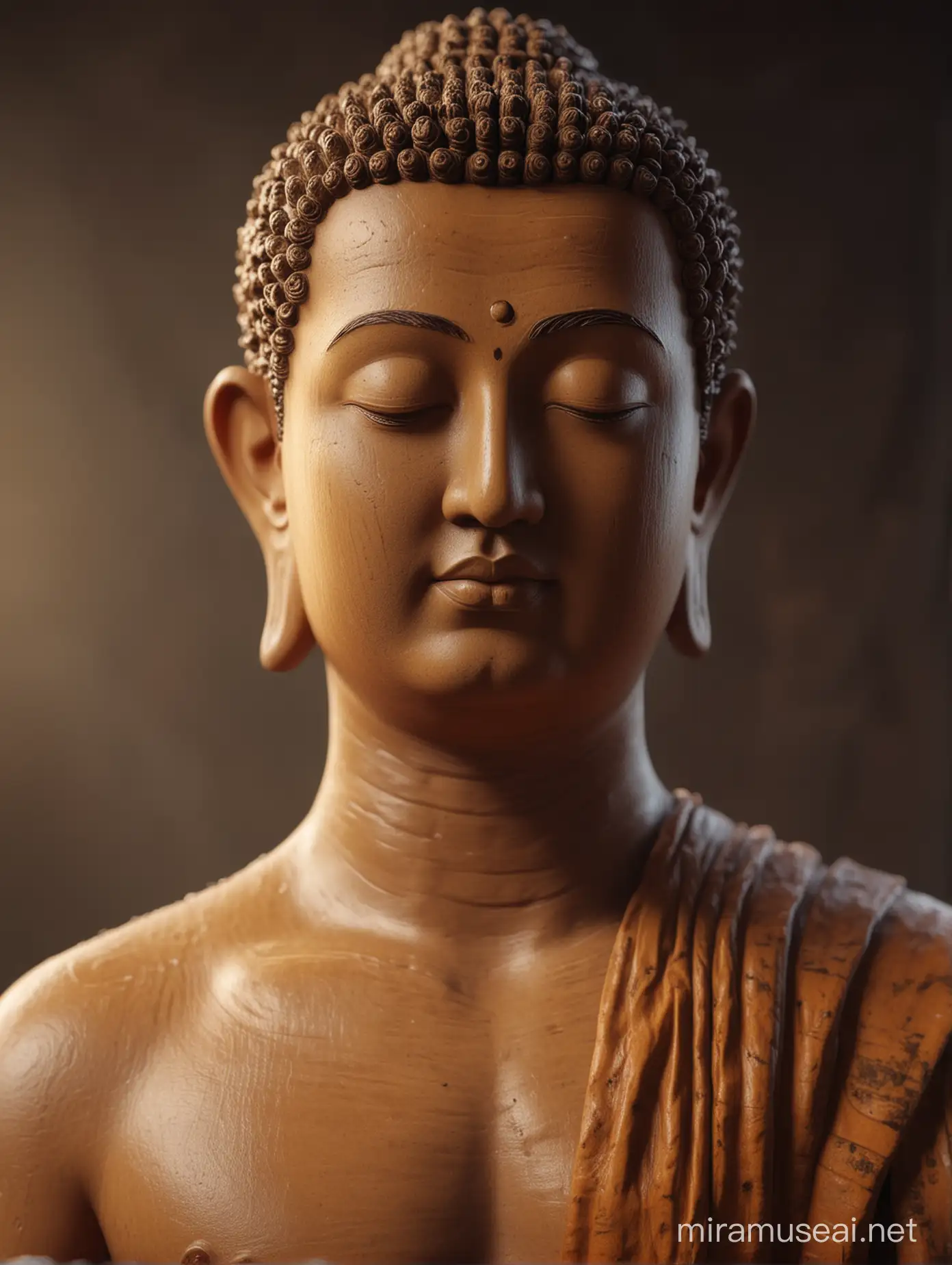 Potrait of Buddha meditating, realistic light , realistic skin texture, depth of field, photo realistic, 4k,--V4 