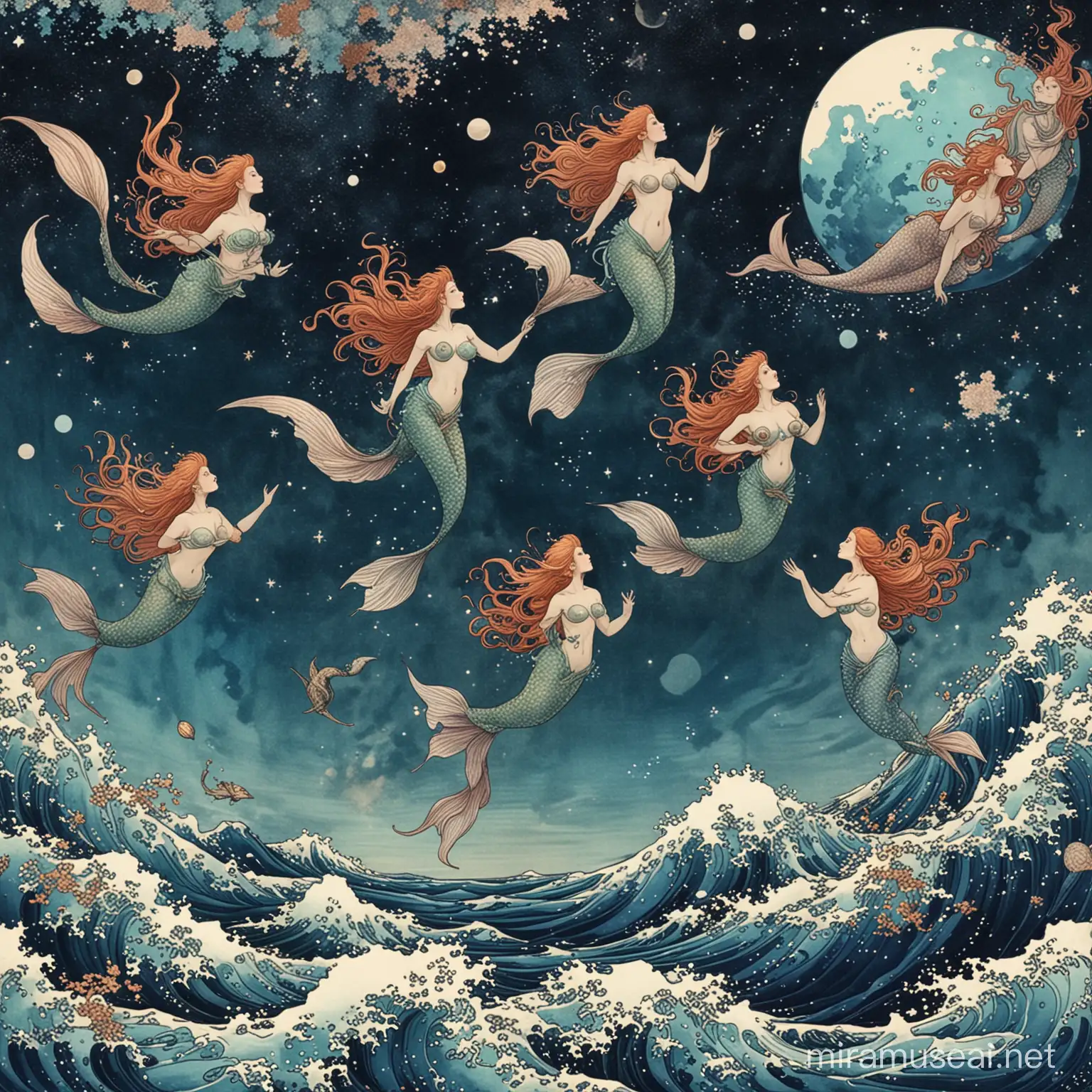 Several mermaids floating in space. Hokusai style