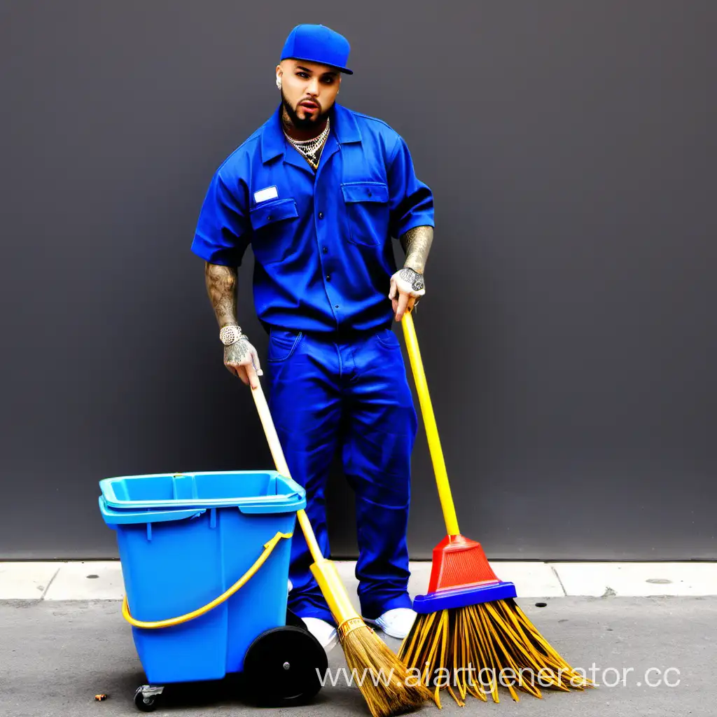 тимати работает дворником, униформа, метла, мусорное ведро, улица
