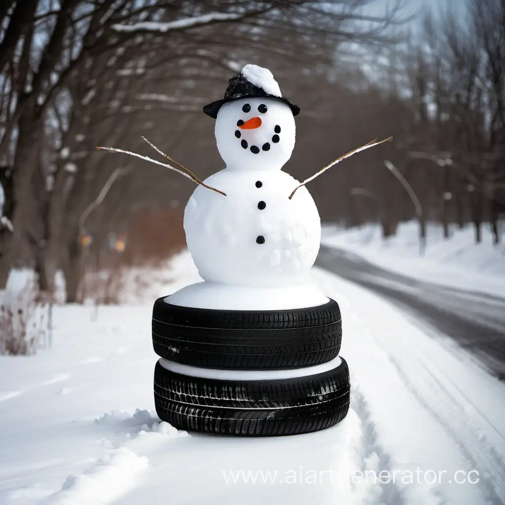 Whimsical-Snowman-Atop-Recycled-Tires-Festive-Winter-Upcycling