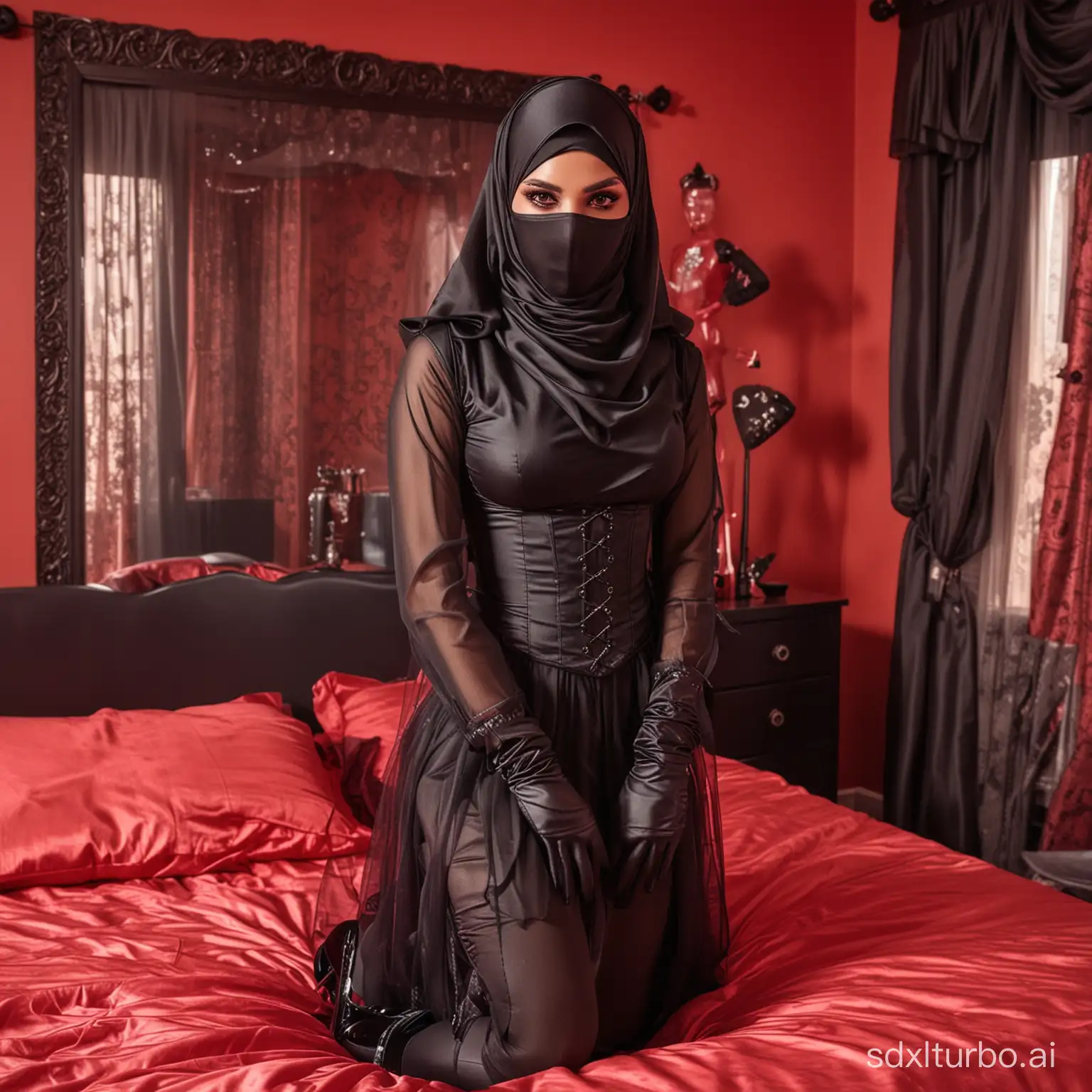 beautiful transform man sissy with black complete hijab, corset under hijab, mask on bouth, black shoes and gloves. transparent veil over the eyes.
in red bedroom.
