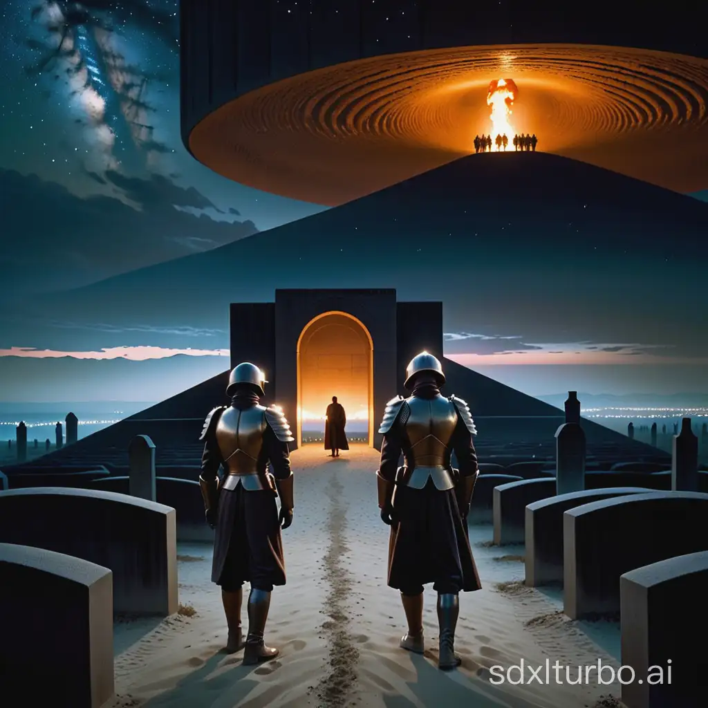 cinema <Dune>,  Carlo Scarpa, Brion cemetery, dark sky with flash,breathtaking landscape, fire, two soldier fighting in front of the architecture, long shot, cult