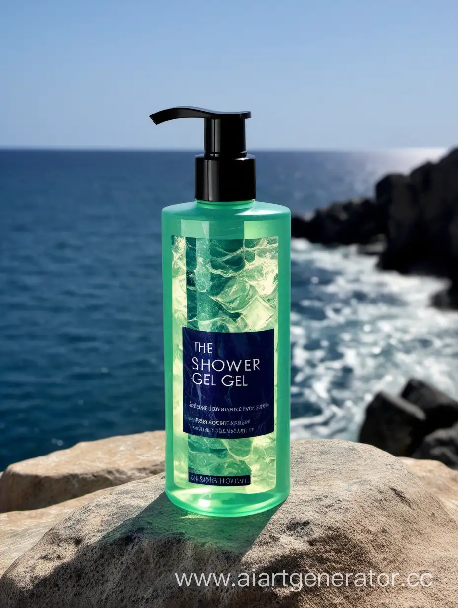 Shower-Gel-Bottle-on-Stone-with-Serene-Sea-Background