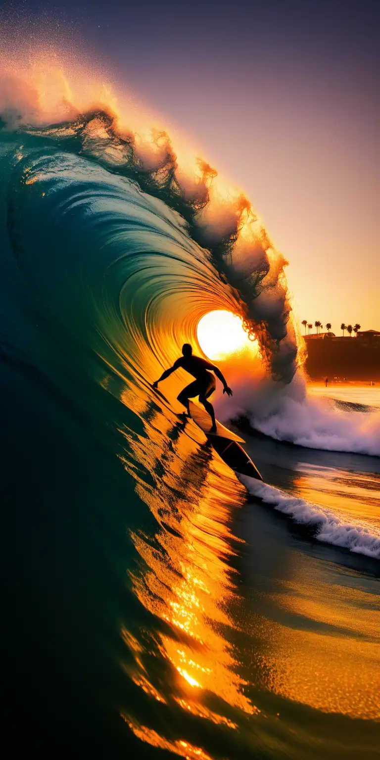 A cool wave with a surfer sunset