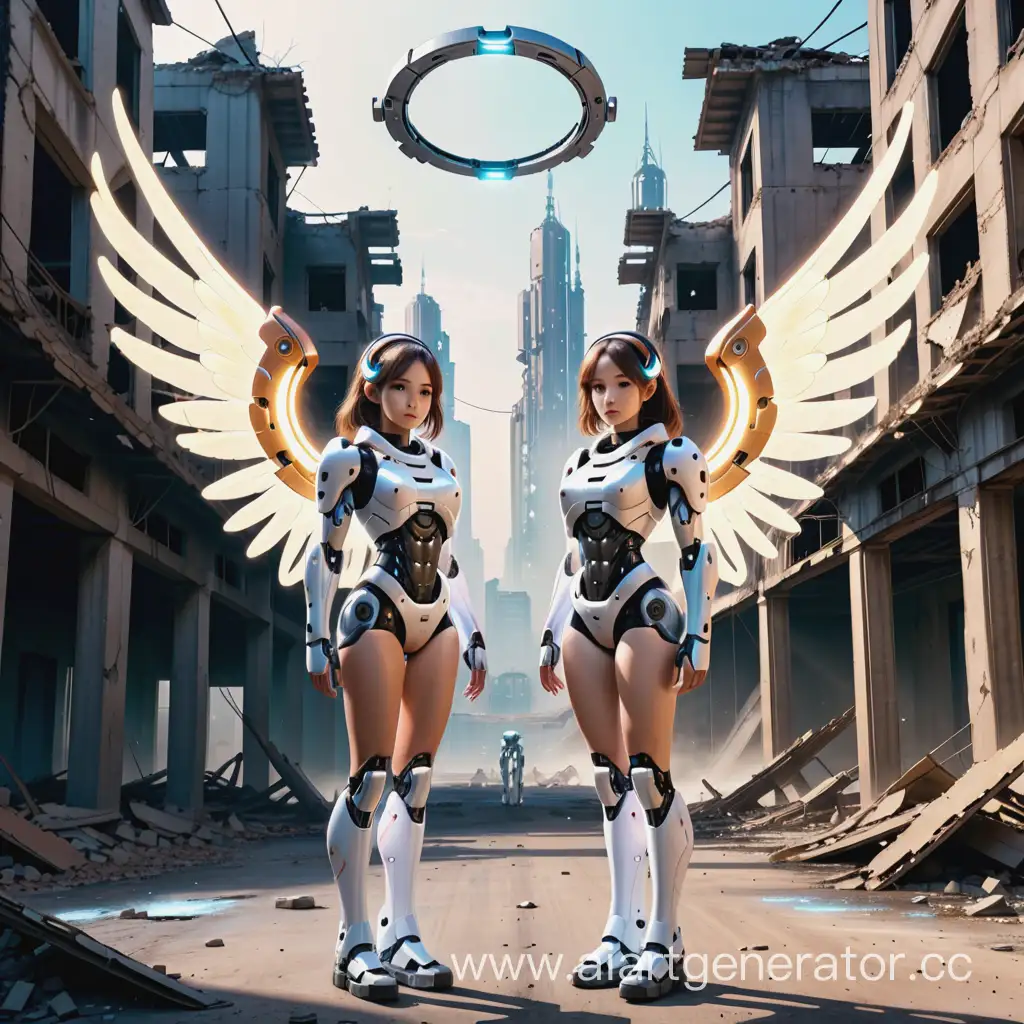 two twin cyborg girls with a halo over their heads and robotic wings. They are standing in a ruined and abandoned city