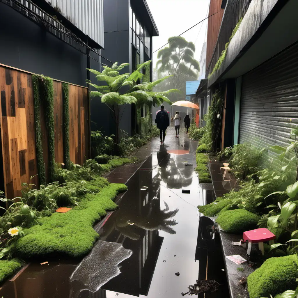 Morning. Heavy Rain. Tropical planting. Urban laneway. Slightly decrepit. Rubbish on the ground. crowd of people drinking beer. Building is post modern. Timber cladding. Children playing. Vines growing on building. Small flowers. Moss on ground