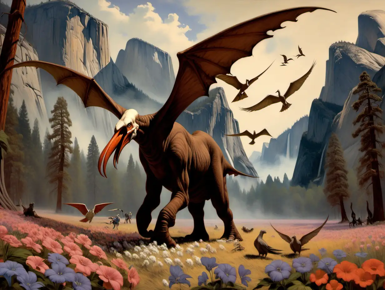 wholly mammoths, pterodactyls, flowers, Yosemite Valley, doves,  Frank Frazetta style