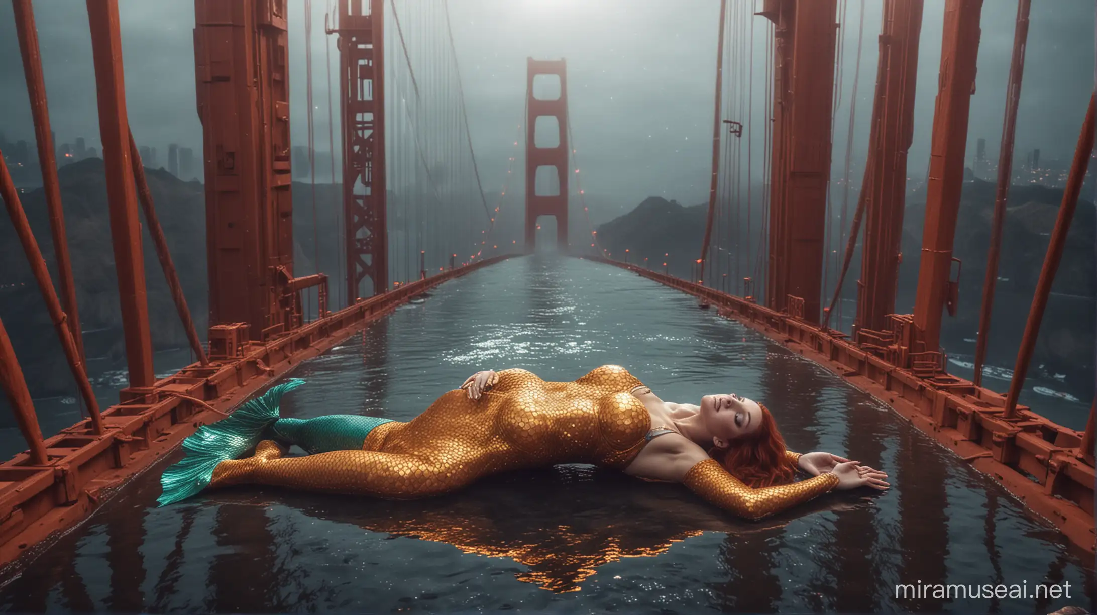 Une photo d'une femme sirène couché au milieu du pont GOLDEN GATE , avec un style artistique de Ron  Walotsky et une ambiance lumineuse dans le style ultraviolet, et retrofuturistique irréel