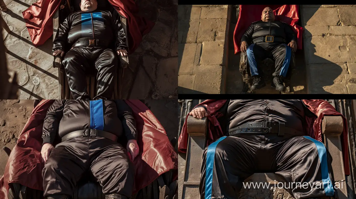 Portrait top view close-up photo centered on the chest of a chubby man aged 70 wearing a silky black tracksuit. Royal blue vertical stripe on the side of the pants. He has a black tactical belt. He has a big and long red leather cape. Black Hiking Boots. He is sitting in a throne. Direct Sunlight. Bald. Clean Shaven. Outside. --style raw --ar 16:9 --v 6