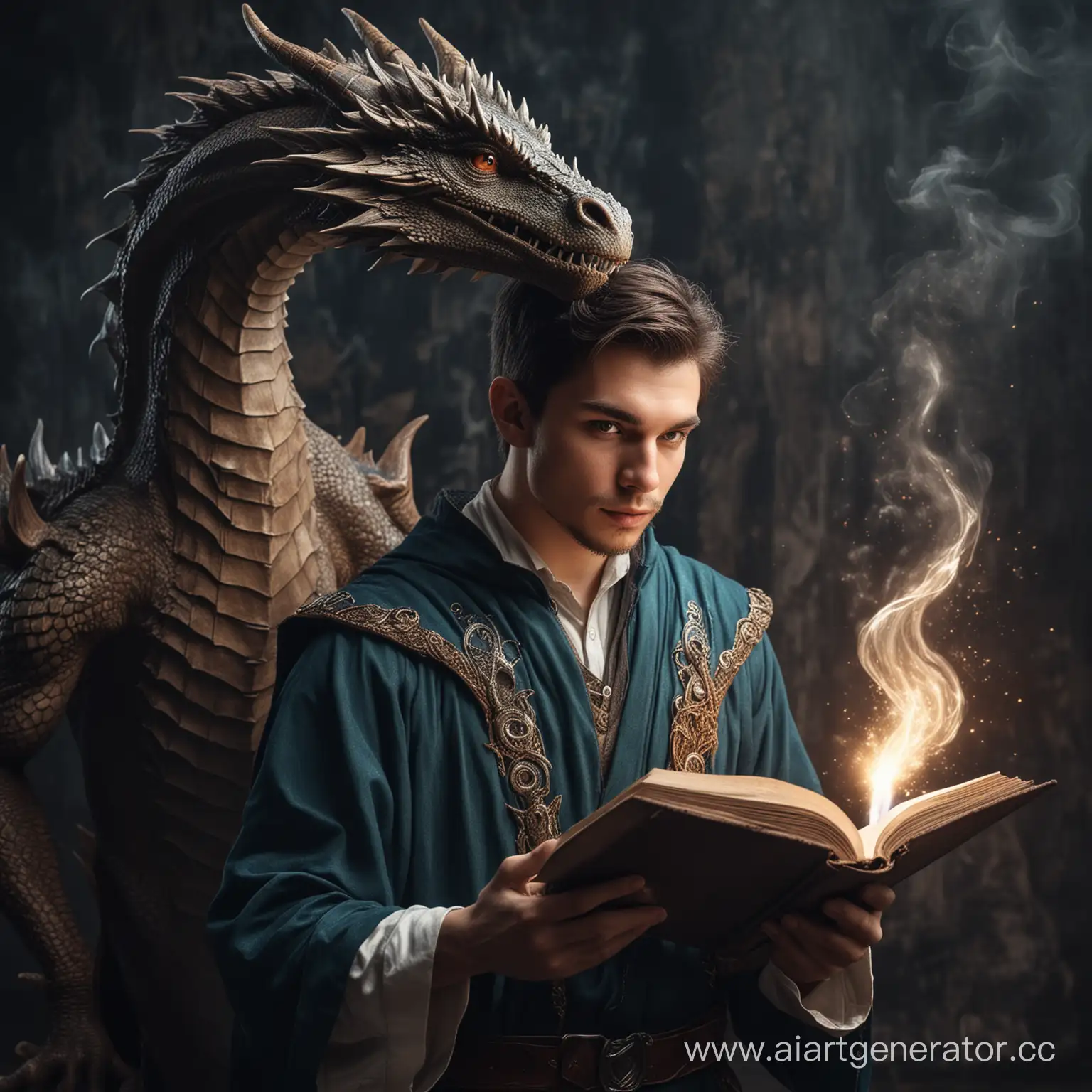 Молодой мужчина с внешностью дракона, волшебник с книгой, фэнтезийный мир