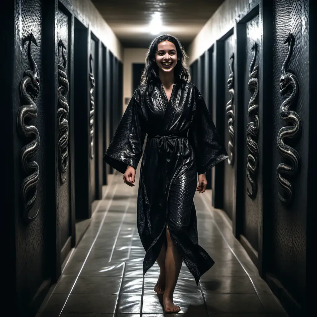 A portrait of a young woman walking through the halls of a serpent cult's temple. She is smiling and barefoot, wearing a robe that looks like black snakeskin.