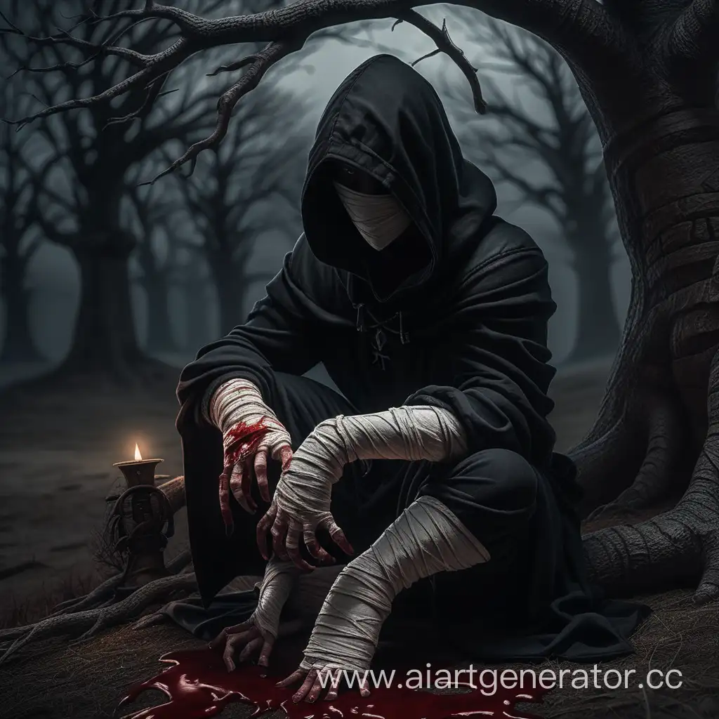 Grim-Alchemist-Mysterious-Figure-in-Tattered-Bandages-by-Eerie-Tree