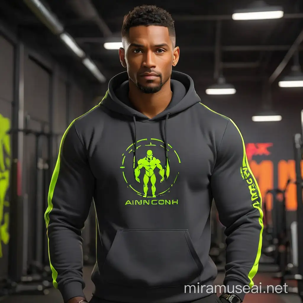 AI Man Fitness Coach vibrant neon hoddie standing tall model