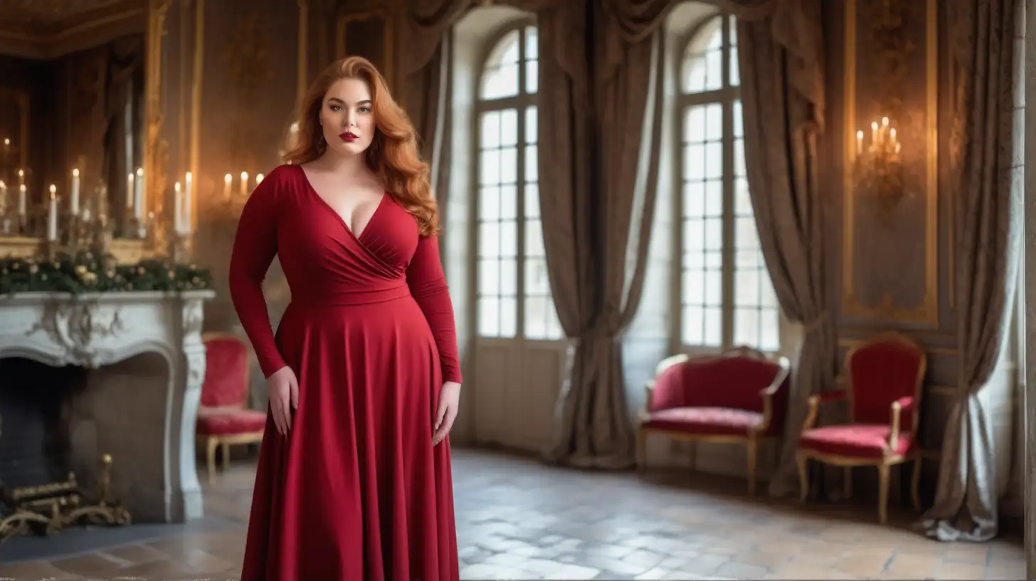 Elegant Plus Size Model in Cherry Red Dress Luxury Winter Photoshoot