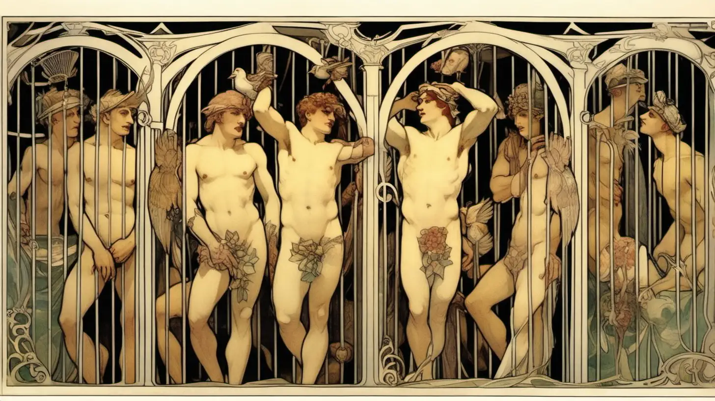 Un gruppo di uomini nudi in una gabbia per uccelli. Style Mucha