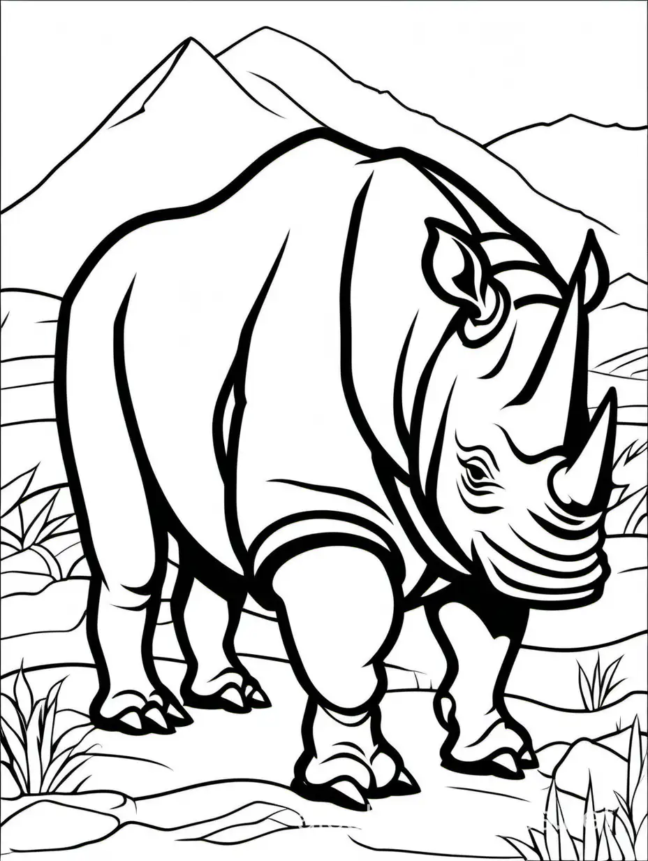 rhino, Coloring Page, black and white, line art, white background, Simplicity, Ample White Space. The background of the coloring page is plain white to make it easy for young children to color within the lines. The outlines of all the subjects are easy to distinguish, making it simple for kids to color without too much difficulty