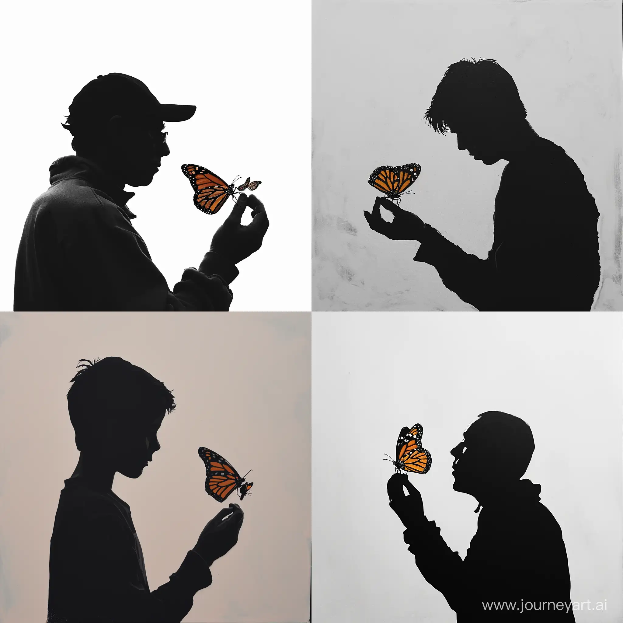 A male, holding a small monarch butterfly in the style of Banksy. Everything in the picture is in black and white except for the butterfly, that one is in color. The picture needs to be simplistic, like all of Banksy's work. 