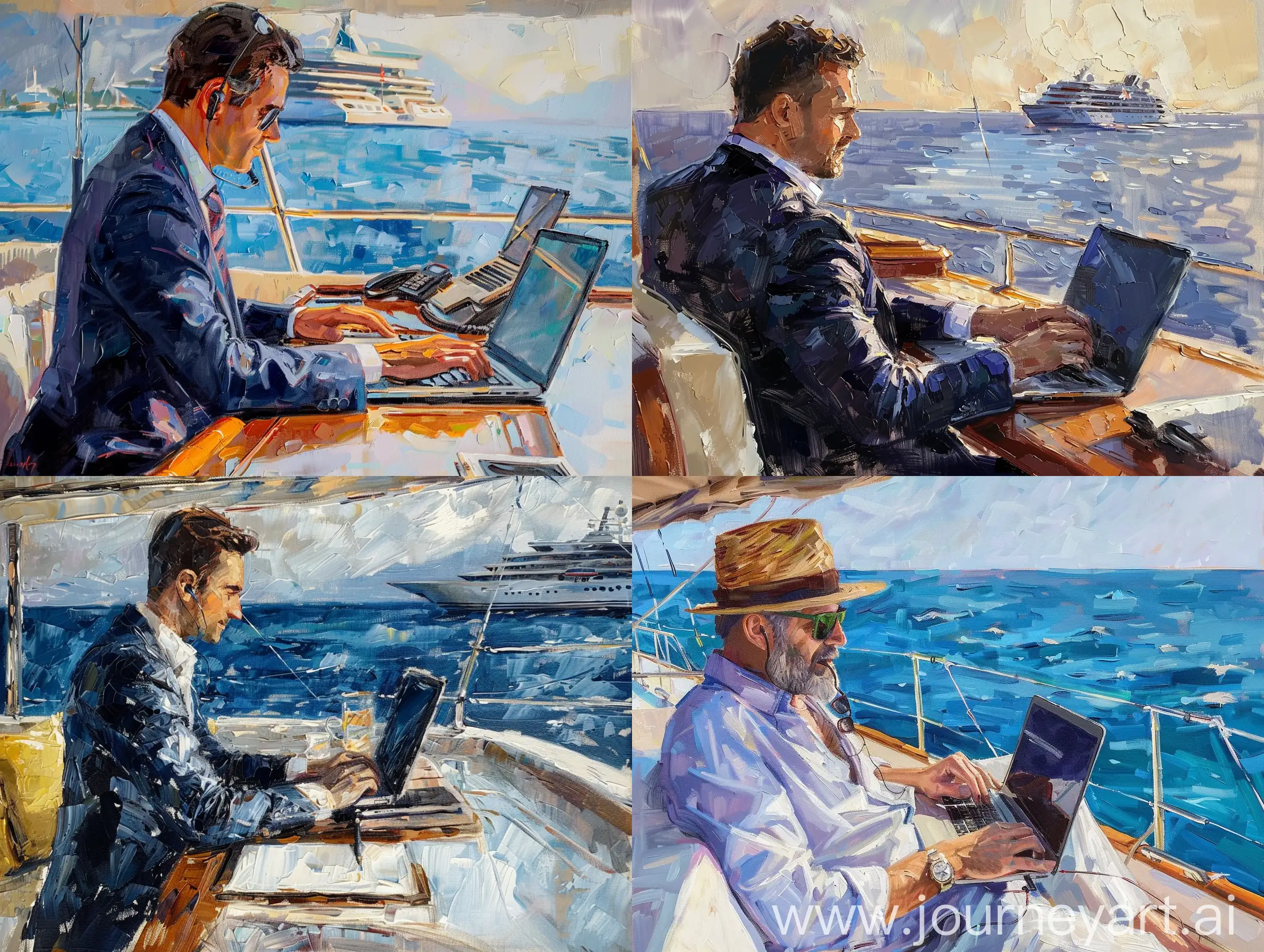 VIP bank client trading on his laptop while sitting on yacht, painting