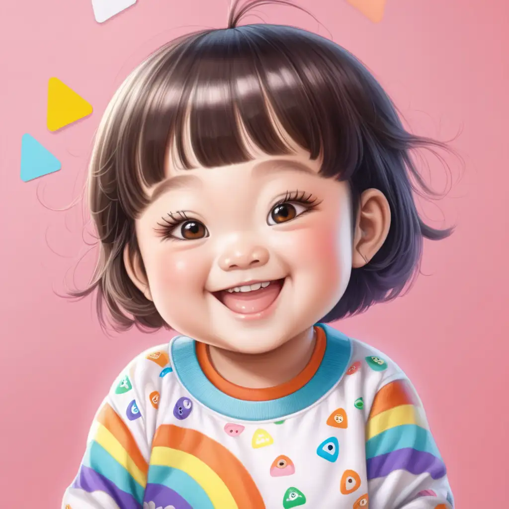 cute chubby Asian baby girl with big eyes and long eye lashes with short hair and triangle bang , big smile with 2 small bottom teeth only showing, with 2 big dimples on her cheek, wearing a long sleeves onesie with rainbow prints